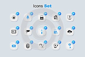 Set Ringing alarm bell, Security camera, Eye scan, Old key, Cloud computing lock, Lock and Key icon. Vector