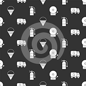 Set Ringing alarm bell, Water delivery truck, Fire cone bucket and Fire extinguisher on seamless pattern. Vector.