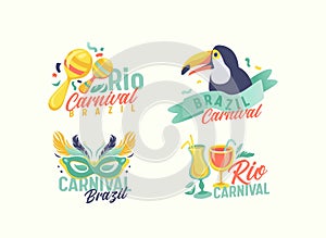 Set of Rio Carnival Emblems with Mask, Toucan Bird, Cocktails and Maracas. Festive Banners, Stickers or Labels Design