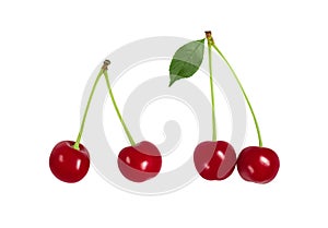 Set of ripe cherries isolated on white background. Fresh berries