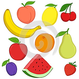 Set of ripe fruits in bright colors. Cartoon style.