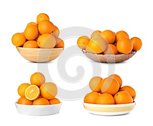 Set of ripe juicy oranges in different dishware on white