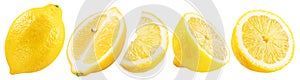 Set of ripe lemon fruits and lemon slices on white background. File contains clipping paths