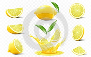 Set of ripe lemon. A whole , half and slices of lemon fall into fresh juice. Realistic 3d vector illustration, Isolated on