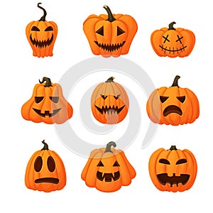 Set of ripe orange pumpkins with funny faces isolated on white background.