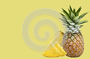 Set of ripe pineapple on the yellow background.fruite high Vitamiv C