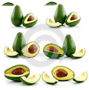 Set of Ripe Sliced Avocado Fruits Isolated