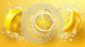 Set of ripe summer fruits isolated on transparent background with realistic lemon slices in water splash.