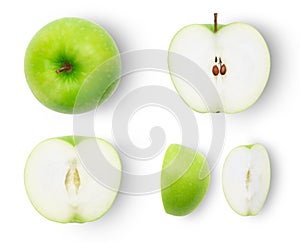 Set of ripe whole and half and slice green apples isolated on white background with clipping path.