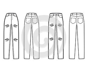 Set of Ripped Jeans distressed Denim pants technical fashion illustration with full length, normal waist, 5 pockets