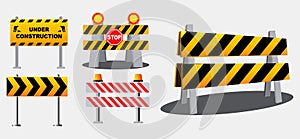 Set of road barrier or under construction warning or barricade block highway   concepts. eps 10 vector