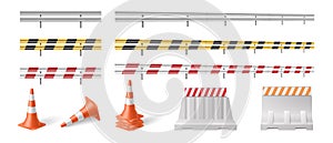 Set of road barriers and traffic blocks, protective fences for roadsigns and highways