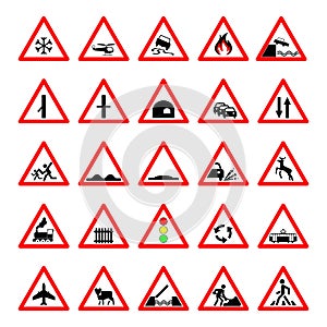 Set road hazard warning signs, road signs warn about the situation of traffic rules, vector red triangle. set of symbols