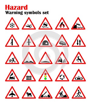 Set road hazard warning signs, road signs warn about the situation of traffic rules, vector red triangle. set of symbols