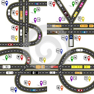 Set of road junctions, resembling the dollar signs, euro, pound, yen, yuan. Way to the navigator. Humorous image