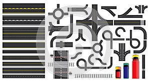 Set of road parts with dashed line, roadside marking, intersections junction and crosswalk.