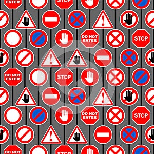 Set of road prohibition signs pattern seamless. Red sign of danger and attention background. Passage is closed texture