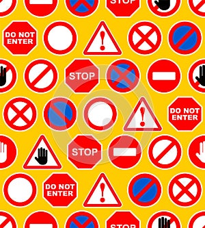 Set of road prohibition signs pattern seamless. Red sign of danger and attention background. Passage is closed texture