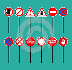 Set of road prohibition signs. Red sign of danger and attention. Passage is closed