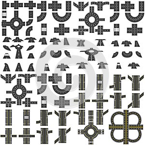 A set of road sections, circular interchanges, various intersections. Top view and perspective. illustration