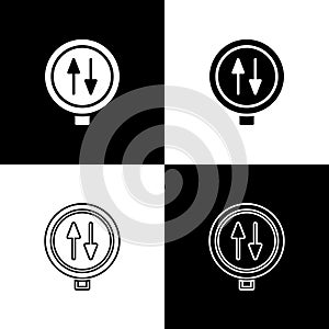 Set Road sign warning two way traffic icon isolated on black and white background. Vector