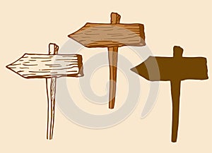 A set of road signs made of old wood. Vector of an isolated element of a wooden road sign with a rectangular board with a sharp