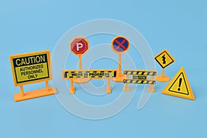 Set of road signs and maintenance signs isolated on a blue background