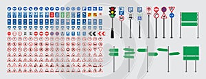 Set of road signs and traffic light vectors. Traffic signs collection. Signs of danger, mandatory, obligations, animal crossing an