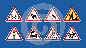 Set of road signs. Warning signs on blue background.