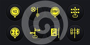 Set Road traffic sign, barrier, Parking, Stop, with camera, Traffic light and Speed limit icon. Vector