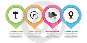 Set Road traffic sign, Compass, Folded map with push pin and Location. Business infographic template. Vector.