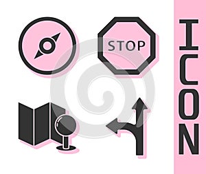 Set Road traffic sign, Compass, Folded map with push pin and Stop sign icon. Vector