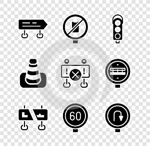 Set Road traffic sign, No cell phone, Traffic light, Speed limit, Turn back road, cone and barrier icon. Vector