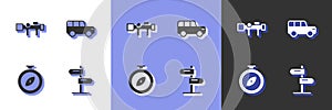 Set Road traffic sign, Sniper optical sight, Compass and Safari car icon. Vector