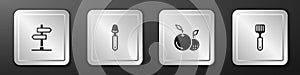 Set Road traffic sign, Spoon, Fruit and Spatula icon. Silver square button. Vector