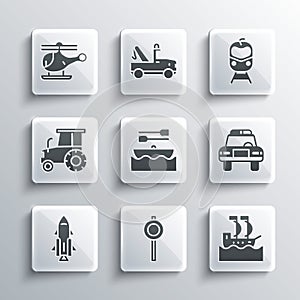 Set Road traffic signpost, Sailboat, Police car and flasher, Boat with oars, Rocket ship fire, Tractor, Helicopter and