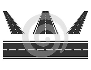 Set of road way from top view. Isolated asphalt highway. Straight and diagonal route perspective. Speedway in black color in flat