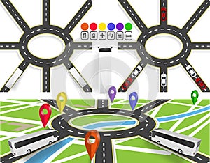 A set of roads with a circular motion. Markers on the map of the city and without. Movement of vehicles. The path is