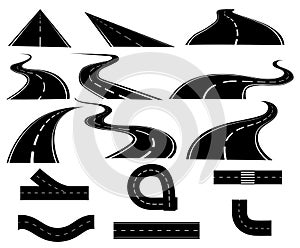 Set of roads. Collection tracks. Black white road illustration. Autobahn.