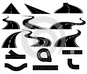 Set of roads. Collection tracks. Black white road illustration. Autobahn.