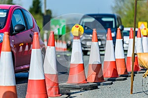 Set of roadworks cones on uk motorway