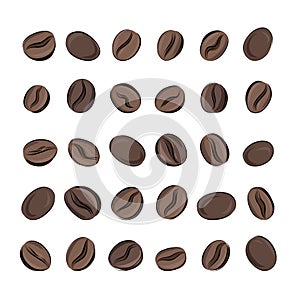 Set of roasted coffee beans in hand-sketch and carton style, brown on white background. For menus, cafes and coffee