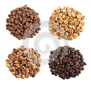 Set with roasted coffee beans on white background, top view