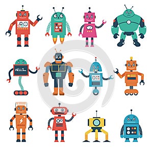 Set of Robot Characters Isolated on White Background