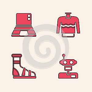 Set Robot, Laptop, Sweater and Slippers with socks icon. Vector