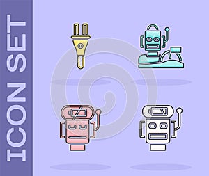 Set Robot low battery charge, Electric plug, and humanoid driving car icon. Vector
