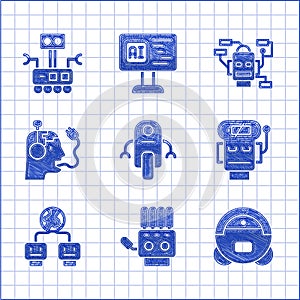 Set Robot, Mechanical robot hand, vacuum cleaner, low battery charge, Artificial intelligence, charging, and icon