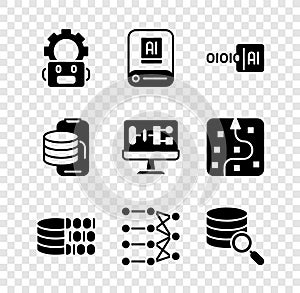 Set Robot setting, Artificial intelligence AI, Binary code, Neural network, Server, Cloud technology data transfer and