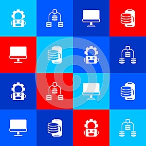 Set Robot setting, Server, Data, Computer monitor and Cloud technology data transfer icon. Vector