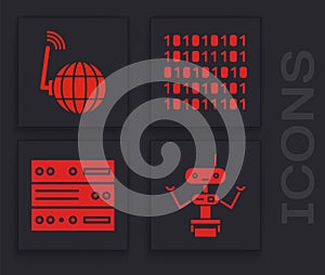 Set Robot, Social network, Binary code and Server, Data, Web Hosting icon. Vector